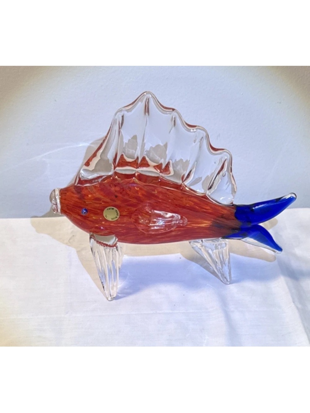 Murano Orange Body Blue Tail Handblown Glass Fish Figurine 10”